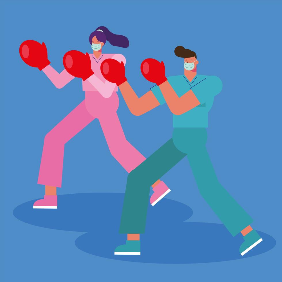 Health care workers in action with boxing gloves vector