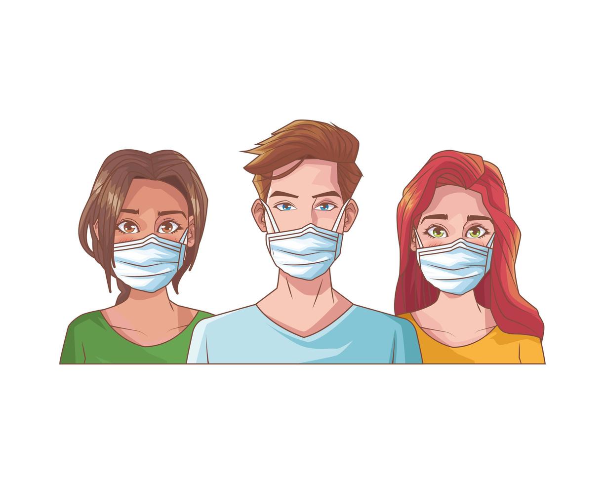 jóvenes con mascarillas médicas vector