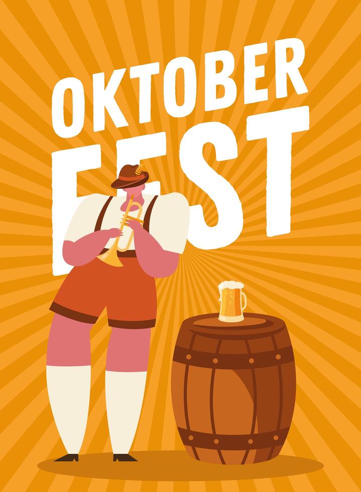 Oktoberfest hombre de dibujos animados con diseño de vector de trompeta y cerveza