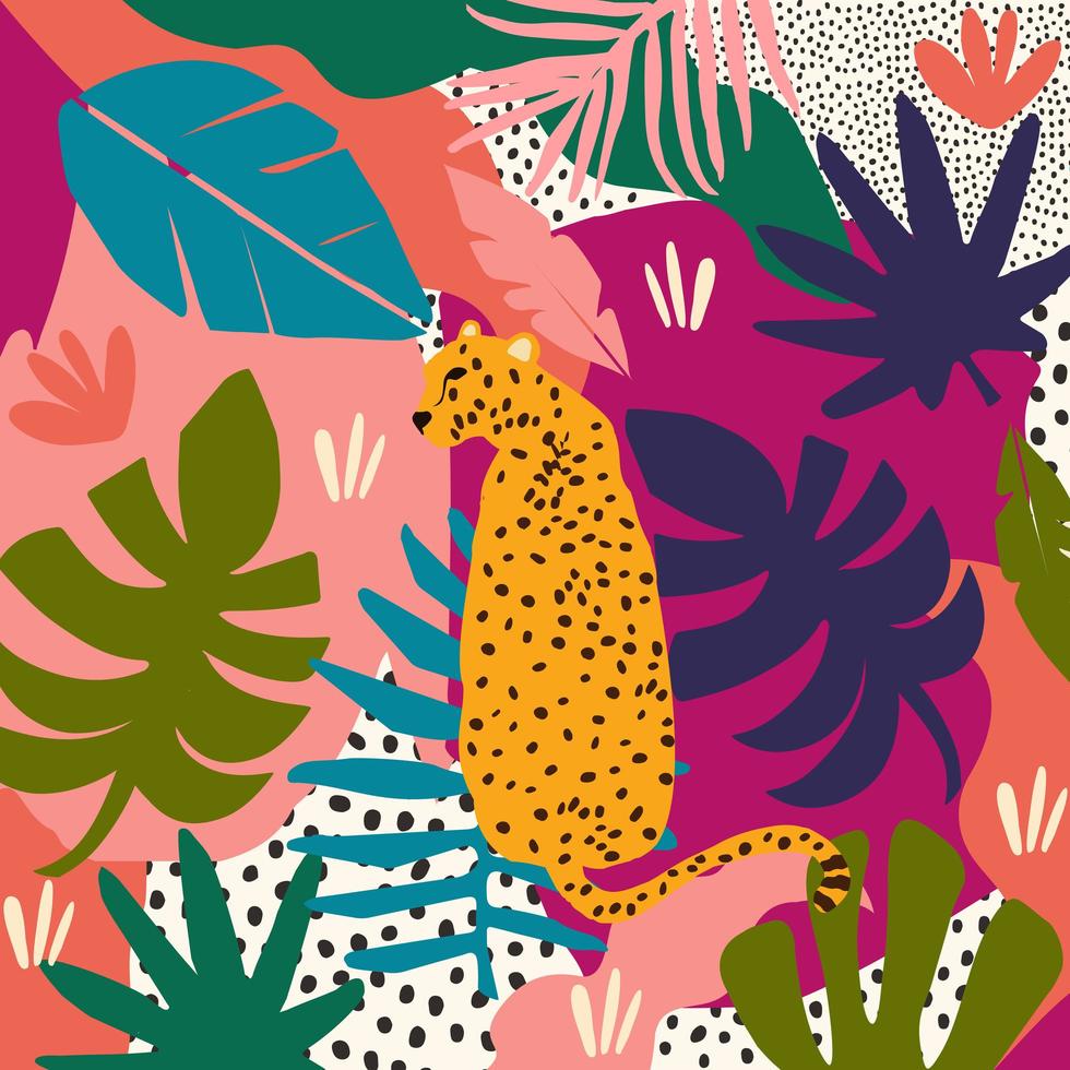 leopardo y hojas tropicales ilustración de vector de fondo de cartel. patrón de vida silvestre de moda