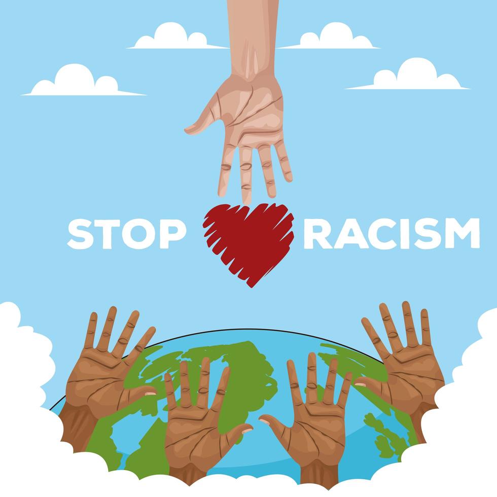 interracial hands reaching across planet, stop racism campaign vector