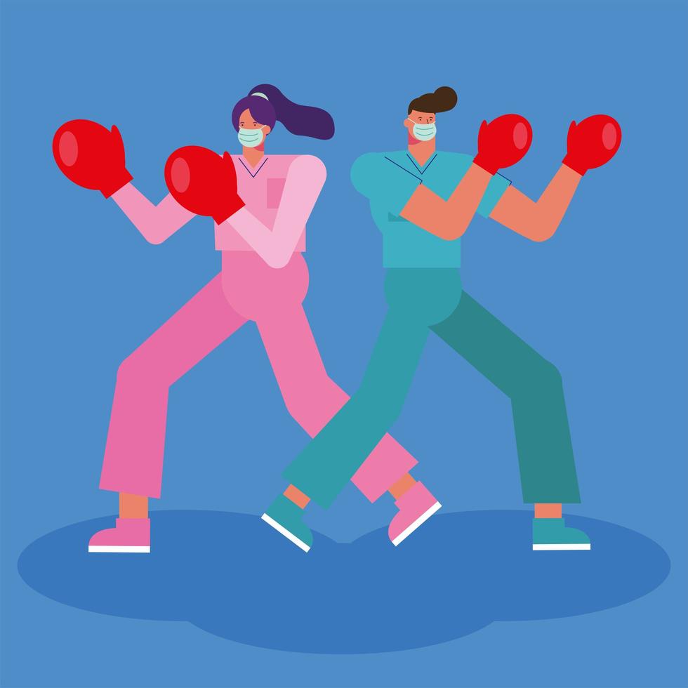 Health care workers in action with boxing gloves vector