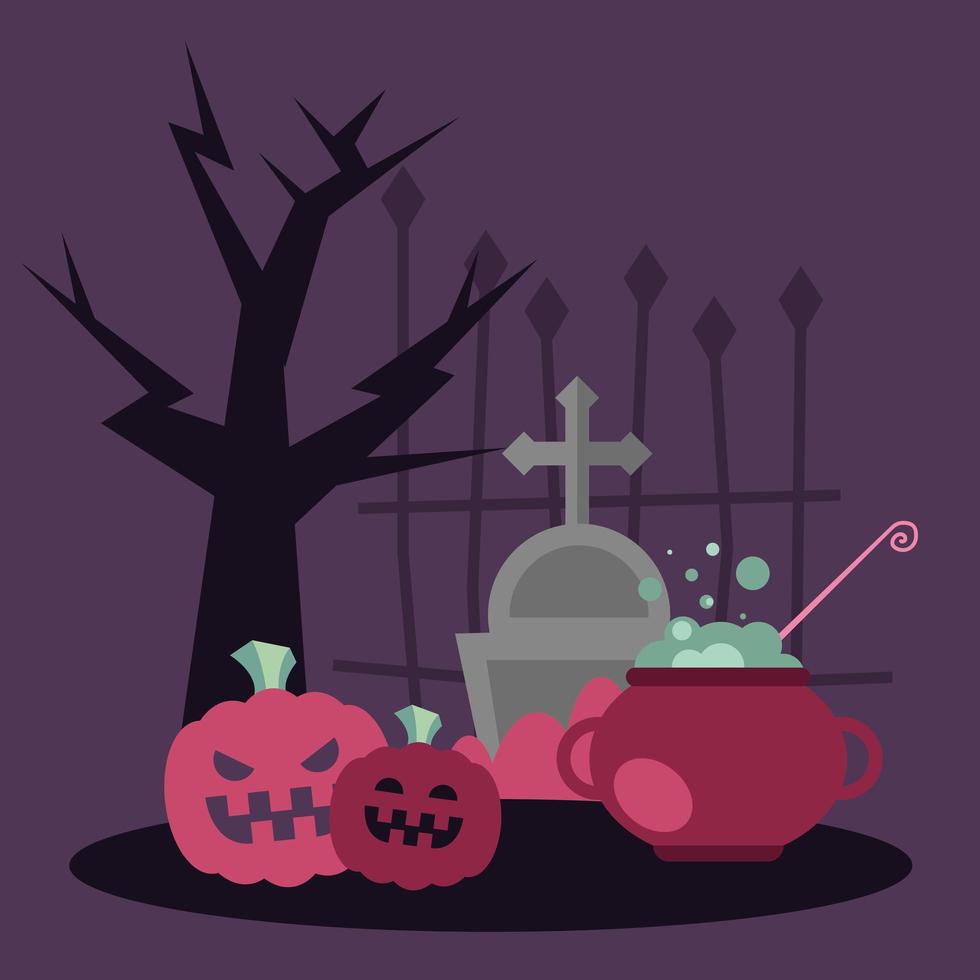 Halloween cauldron and pumpkins vector design