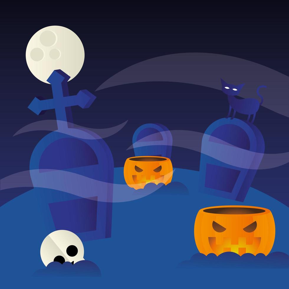 Halloween pumpkins at the cemetery vector design