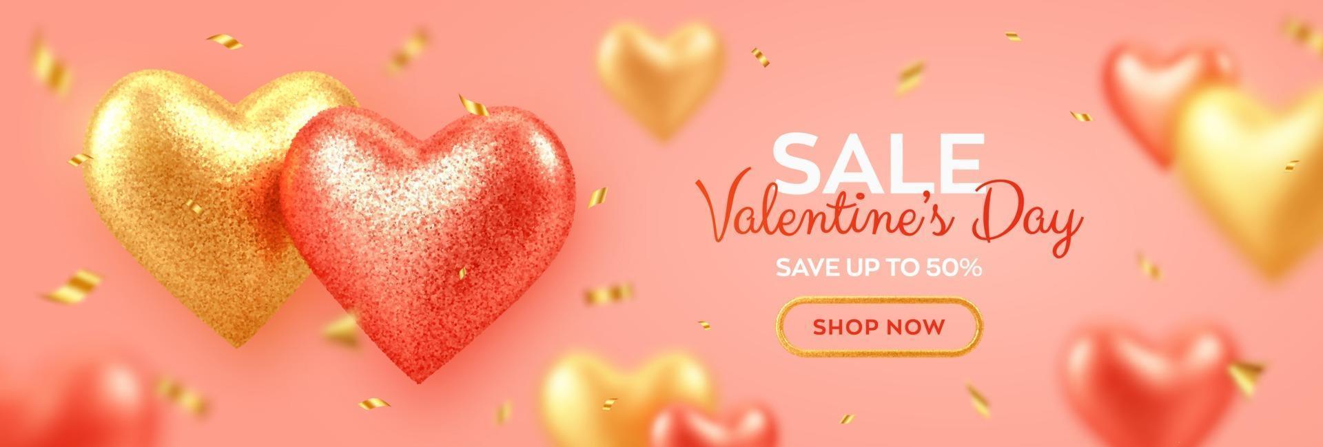 Banner de venta del día de San Valentín con corazones de globos 3d realistas rojos y dorados brillantes con textura brillante y confeti fondo, volante, invitación, cartel, folleto, tarjeta de felicitación. vector