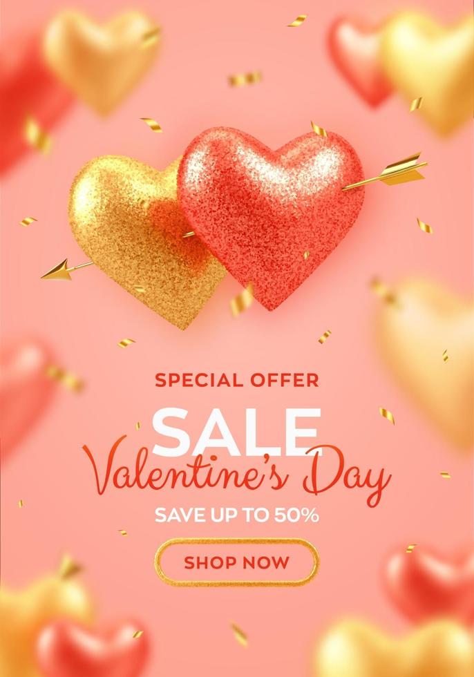 Valentines day sale banner. Couple shining realistic red and gold heart shaped balloons with glitter texture pierced by cupids golden arrow and confetti. Background, flyer, greeting card. vector