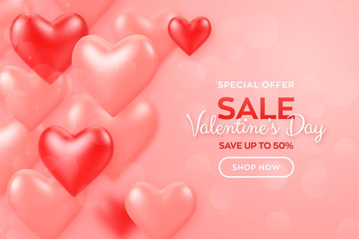 Happy Valentine's Day. Valentines day sale banner with red and pink balloons 3d hearts background. Wallpaper, flyer, invitation, poster, brochure, greeting card. vector