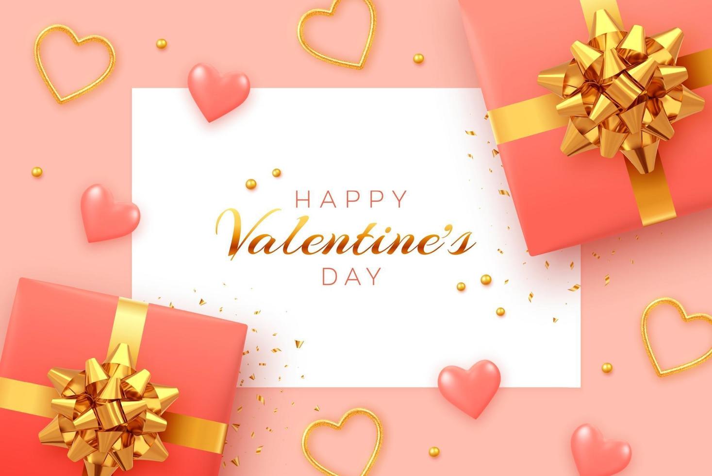 Happy Valentine's Day background with square paper banner. Realistic gift boxes with golden bow, pink 3d balloons hearts, and golden hearts with glitter texture and confetti. vector