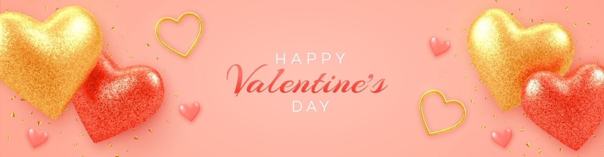 Banner de venta del día de San Valentín con brillantes corazones de globos 3d rojos y dorados realistas con textura brillante y confeti sobre fondo rosa. volante, cartel, folleto, tarjeta de felicitación. vector