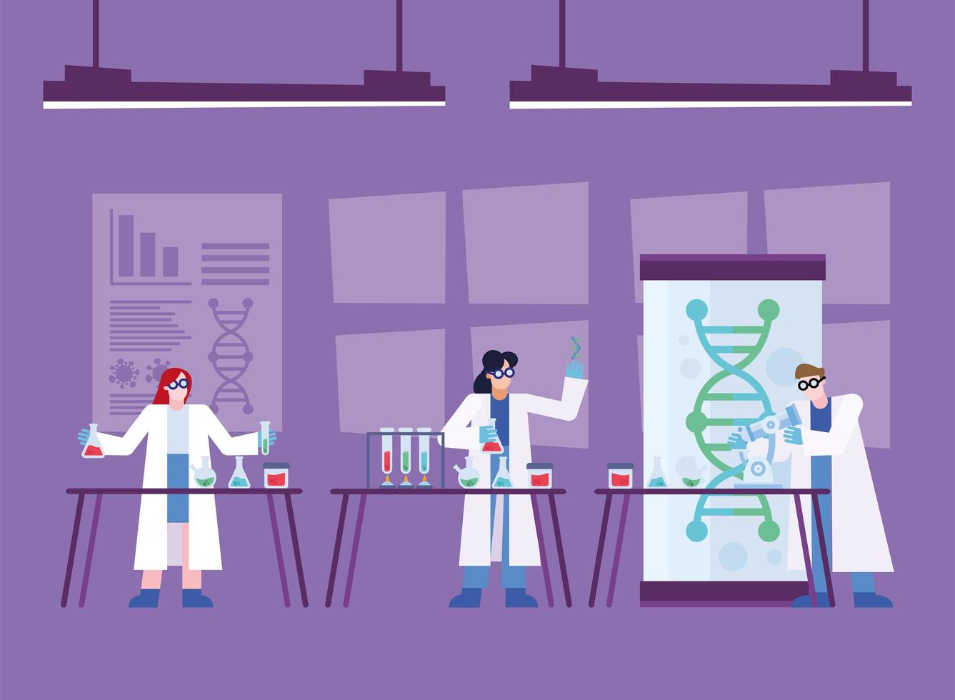 Coronavirus vaccine research design with chemists vector