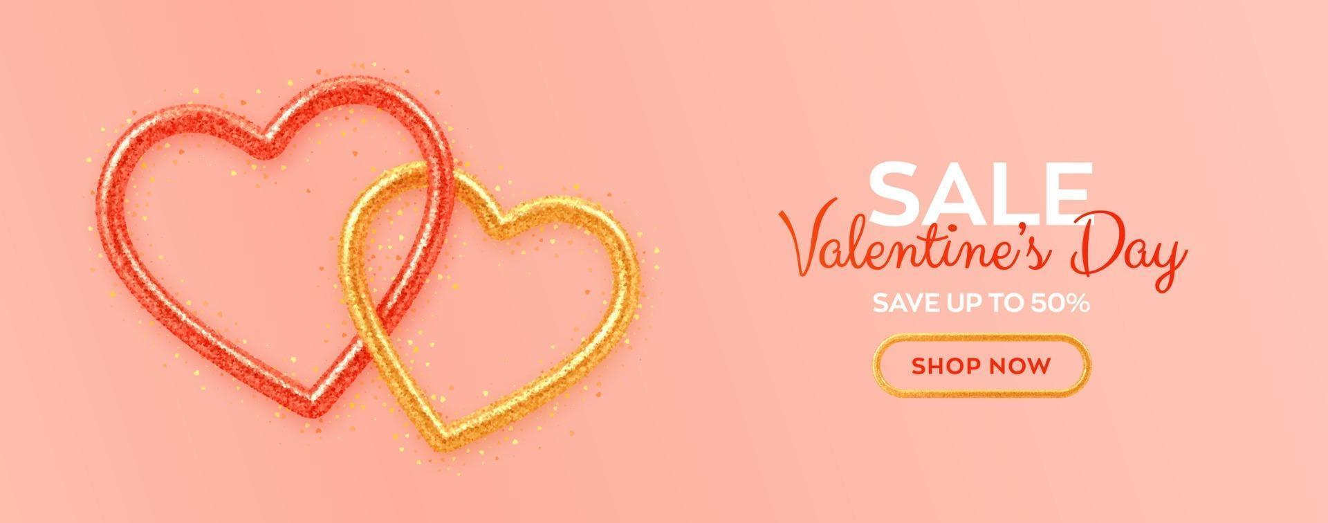 Valentines day sale banner with shining realistic red and gold 3d hearts with glitter texture and heart shaped confetti. Background, flyer, poster, brochure, greeting card. vector