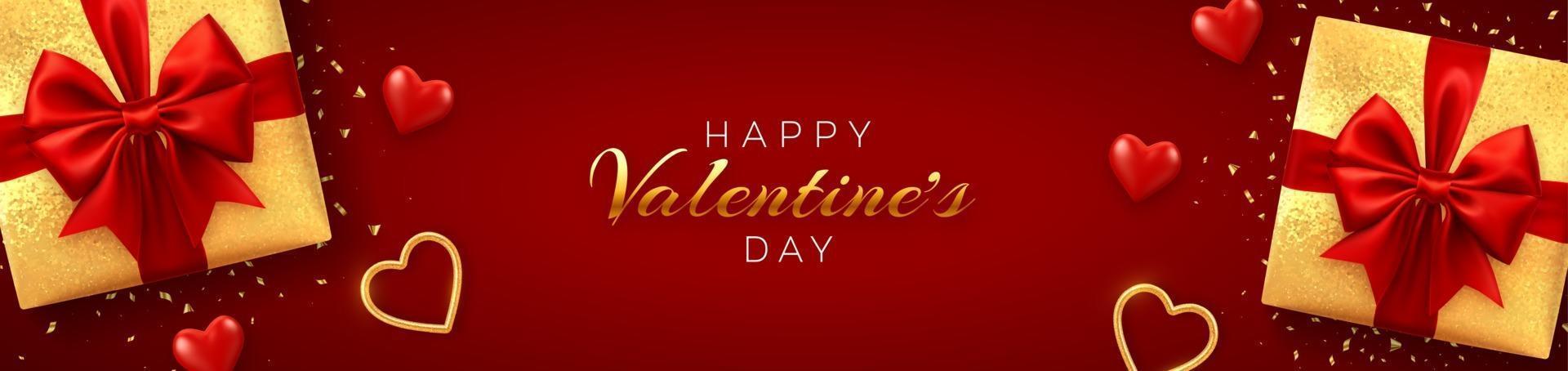 banner de feliz día de san valentín o sitio web de encabezado. cajas de regalo realistas con lazo rojo y corazones de globos 3d rojos y dorados brillantes con textura brillante y confeti sobre fondo rojo. vector