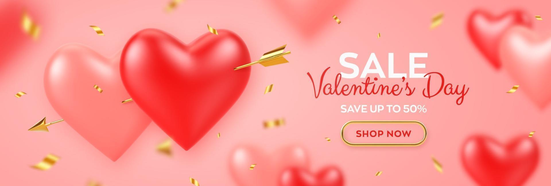 Valentines day sale banner. Couple realistic 3d red and pink heart shaped balloons pierced by cupids golden arrow and confetti. Background, flyer, poster, greeting card. vector