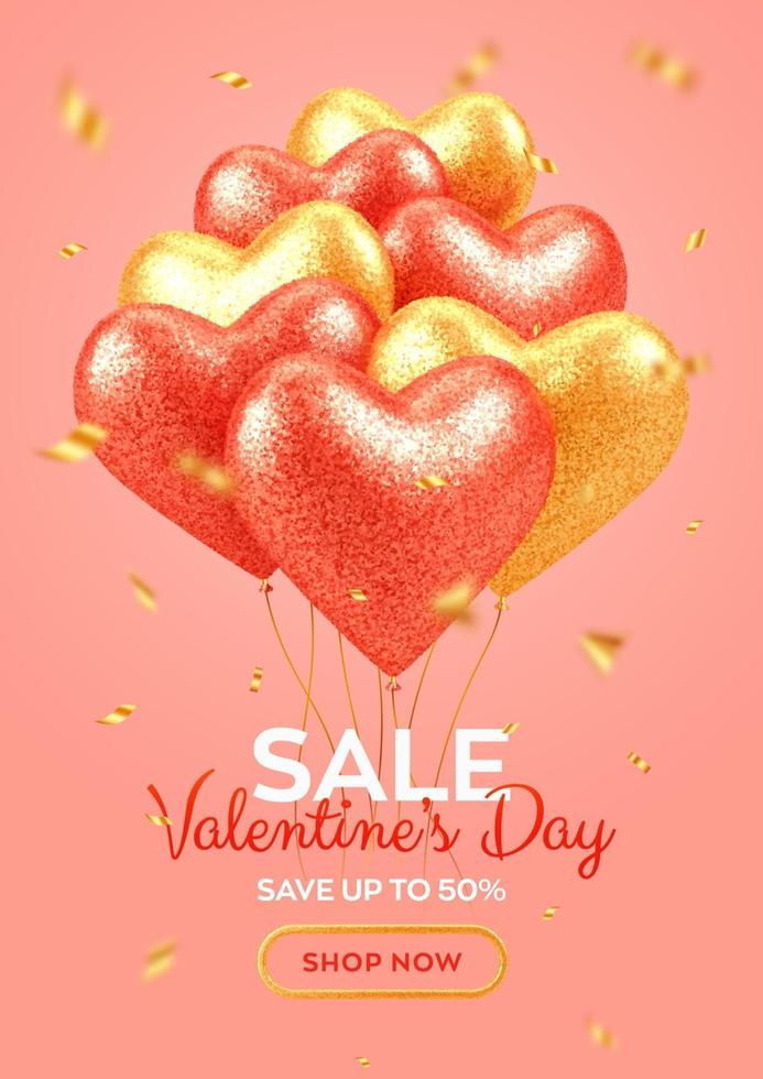 Banner de venta del día de San Valentín con corazones de globos 3d realistas rojos y dorados brillantes con textura brillante y confeti fondo, volante, invitación, cartel, folleto, tarjeta de felicitación. vector