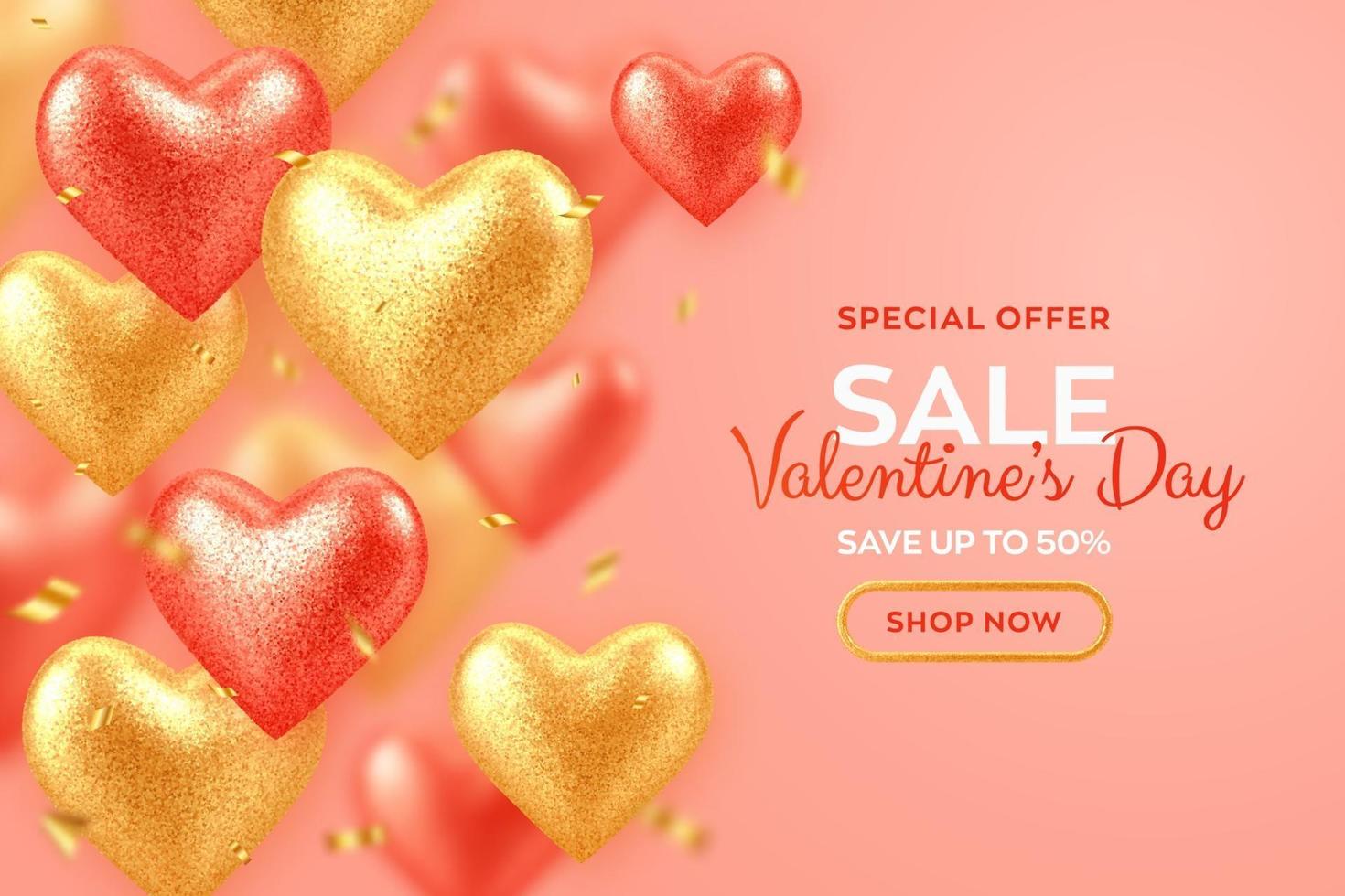 Banner de venta del día de San Valentín con corazones de globos 3d realistas rojos y dorados brillantes con textura brillante y confeti fondo, volante, invitación, cartel, folleto, tarjeta de felicitación. vector