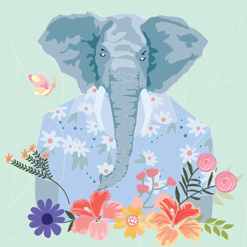 elefante botánico tropical en dibujos animados de camiseta vector