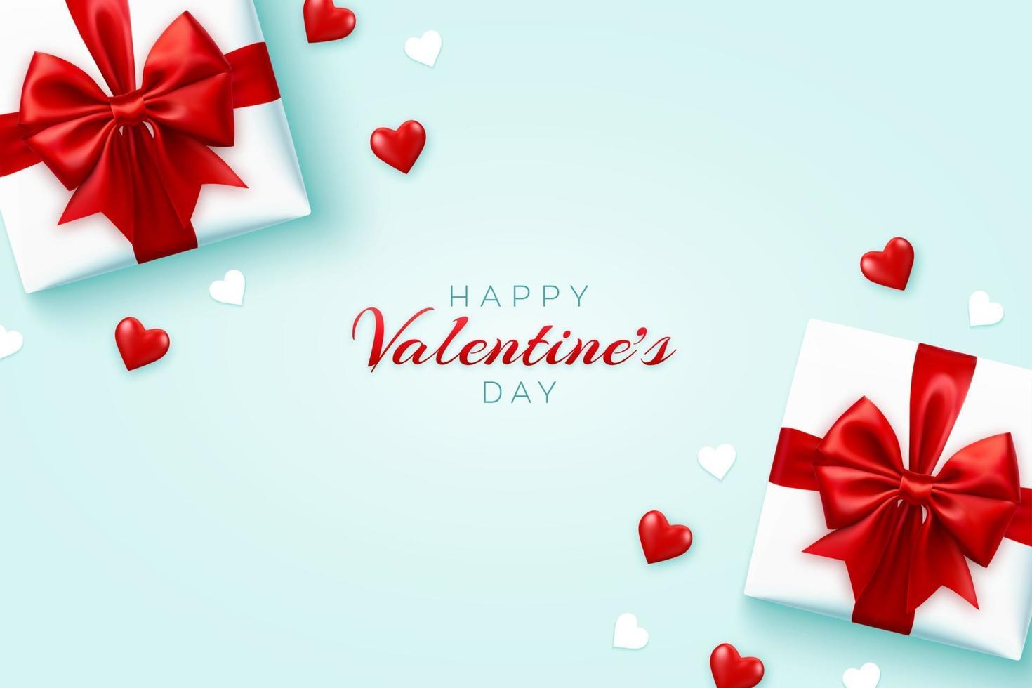 Happy Valentine's Day banner. Realistic gift boxes with red bow, and shining red 3d balloons hearts and white paper hearts on blue background. Flat lay, top view, copy space. vector