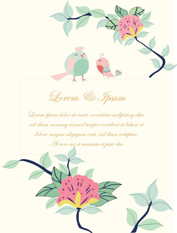 Wedding card flower border with 2 birds vector