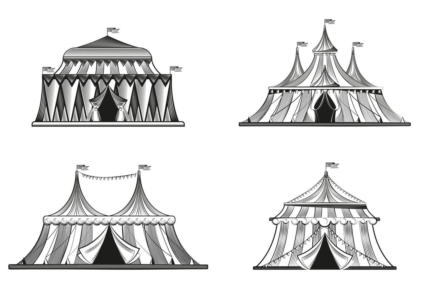 Circus tents in engraving style set vector