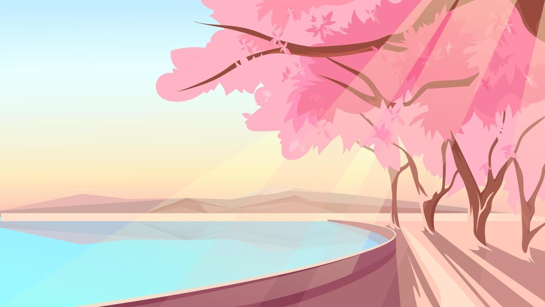 Blooming sakura on lake bank vector