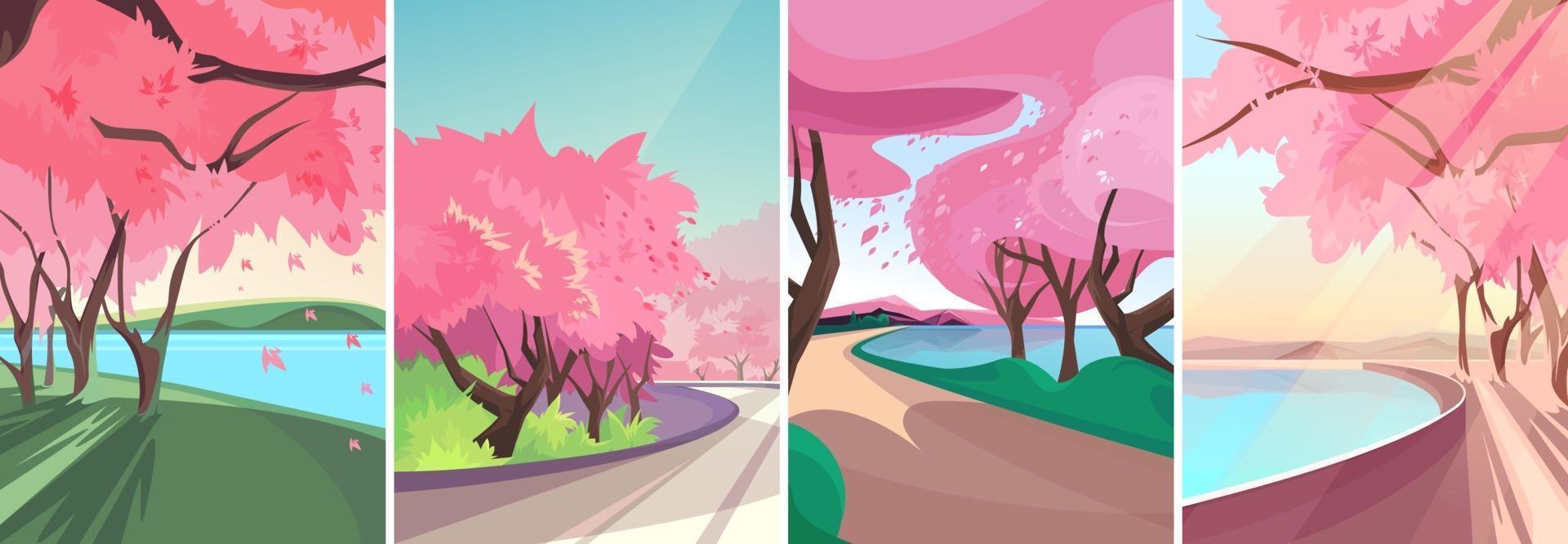 Sceneries with blooming sakura set vector