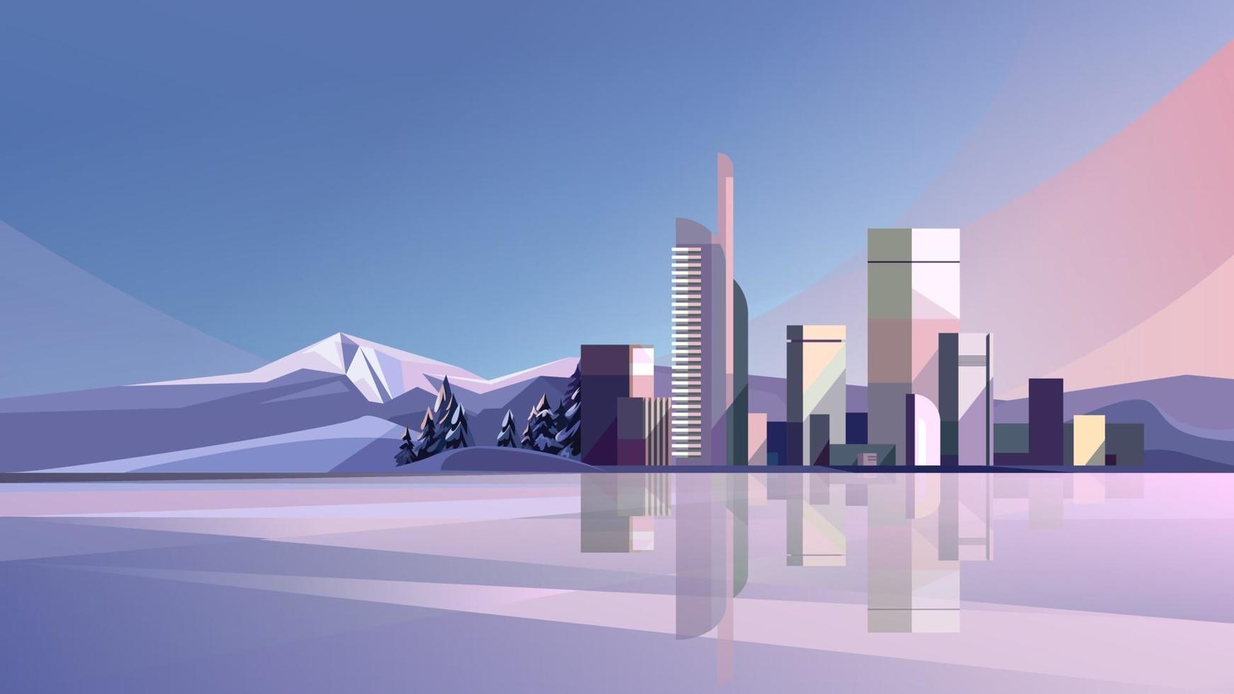 Winter city with lake and mountains vector