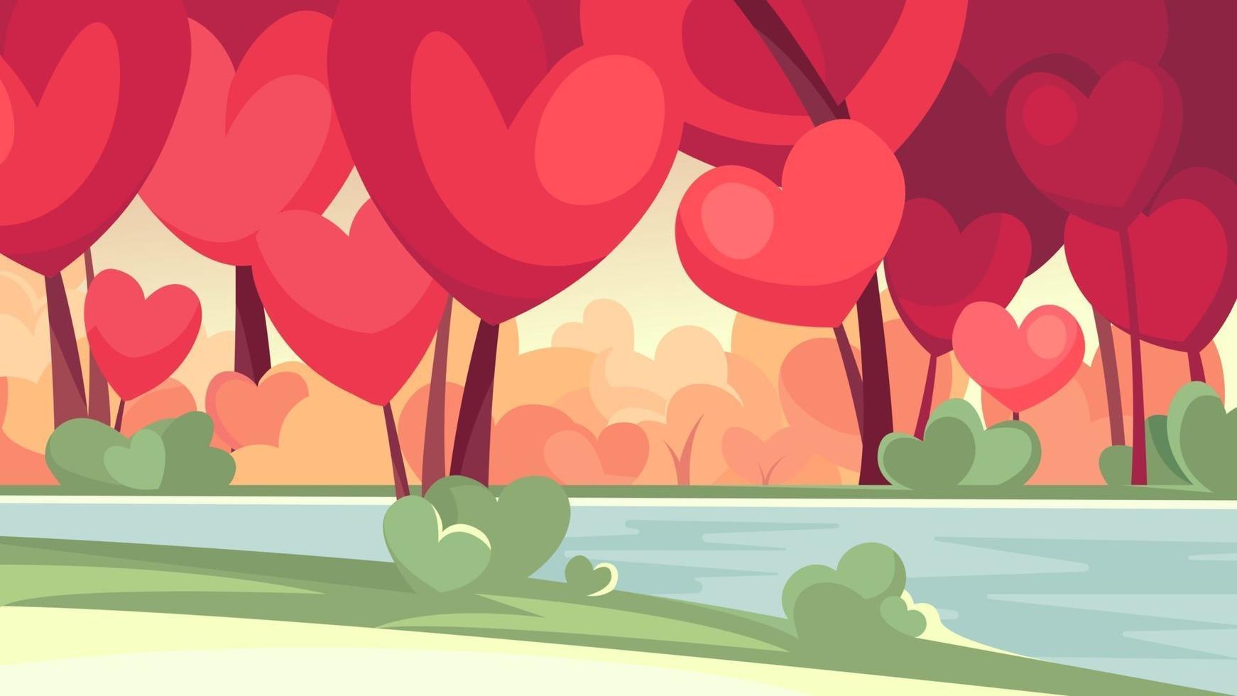 Forest with heart shape trees by the river vector