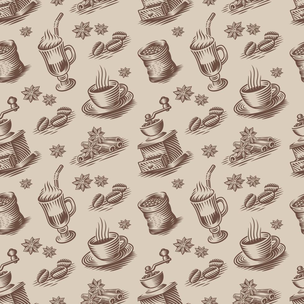 Retro seamless background for a coffee theme in engraving style. vector