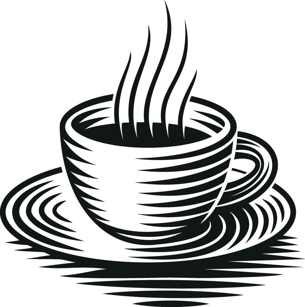 A black and white vector illustration of a cup of coffee isolated on white background