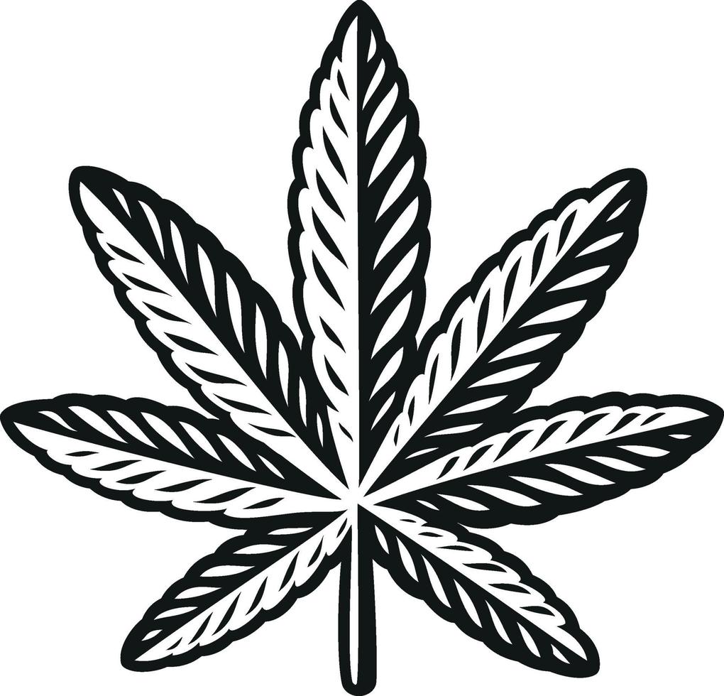 Black and white vector illustration of a cannabis leaf on white background