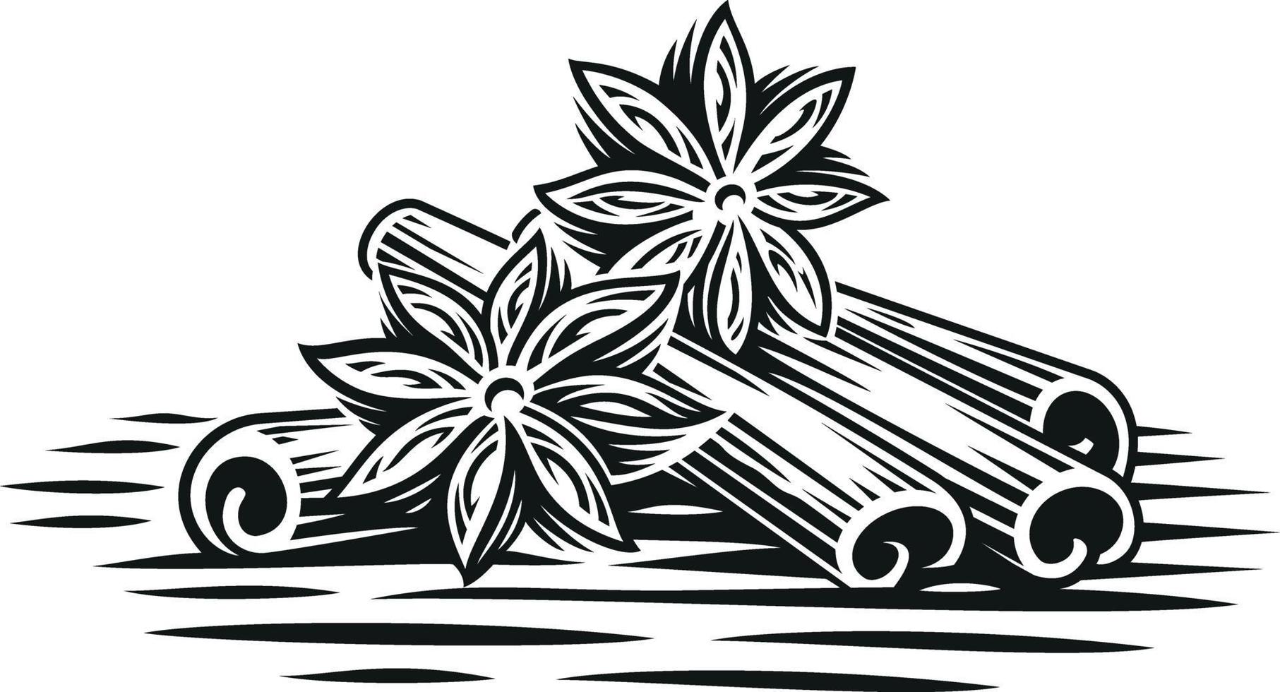 A black and white vector illustration of cinnamon sticks in engraving style on white background