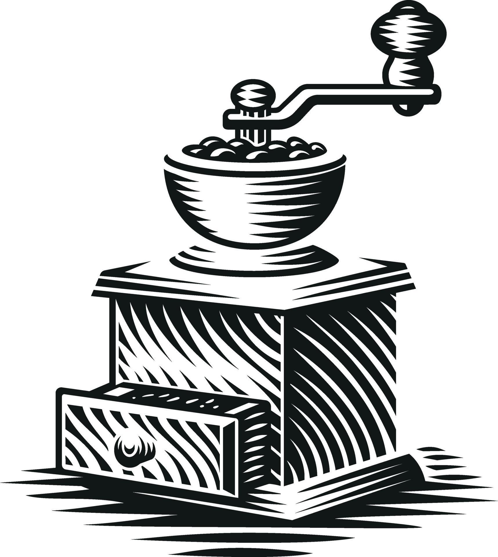 Black and white vector illustration of a vintage coffee grinder in engraving style 1995238