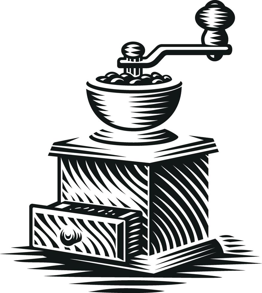 Black and white vector illustration of a vintage coffee grinder in engraving style