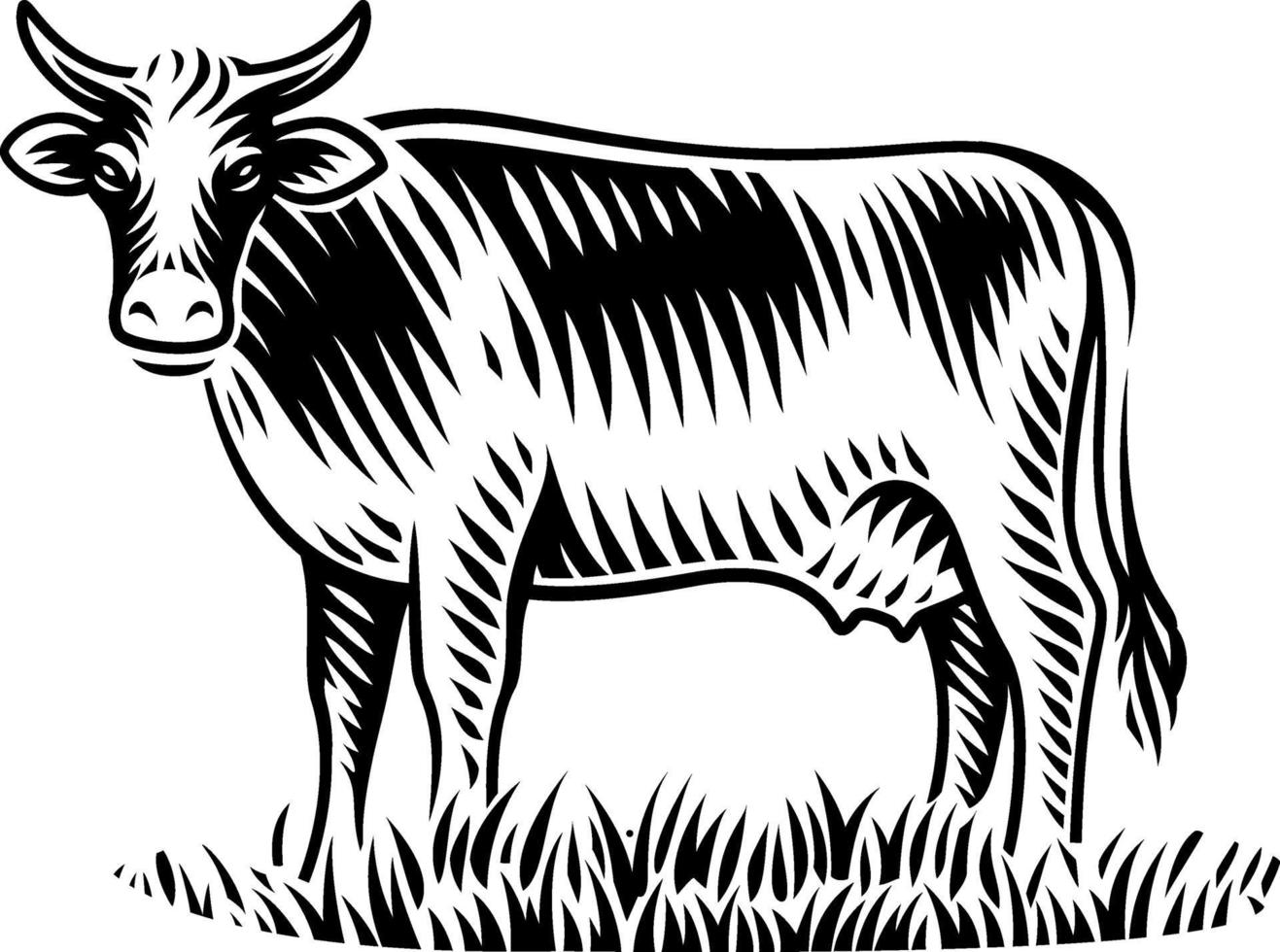 Black and white vector illustration of cow in engraving style on white background