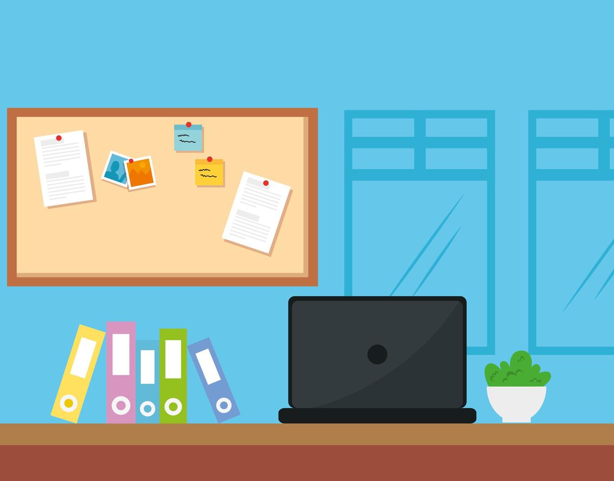 workplace scene with laptop and icons vector