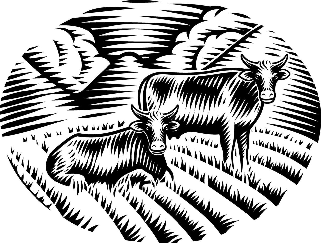 a black and white vector illustration of cows on grass in engraving style