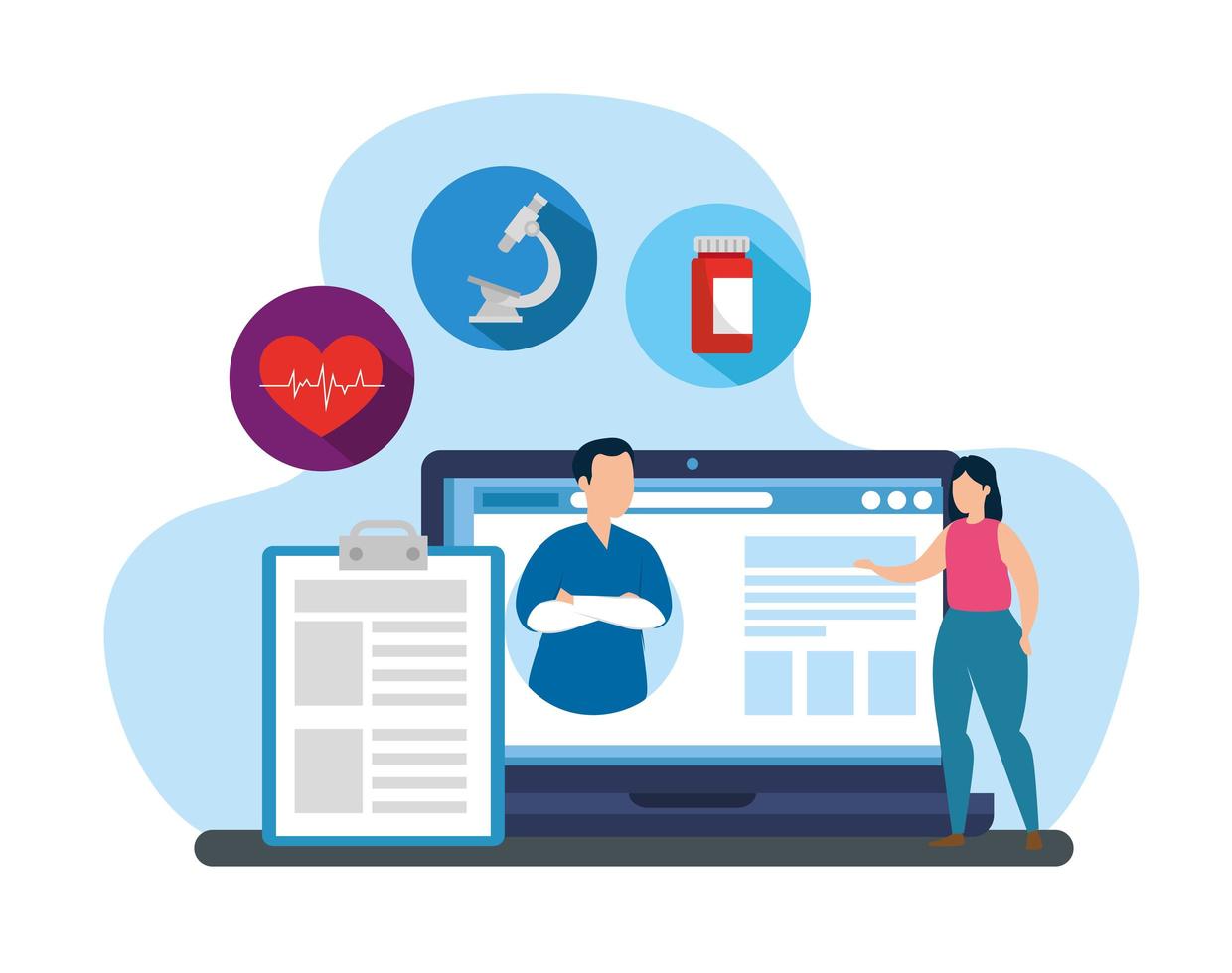 Medicina tecnología en línea con laptop e iconos. vector