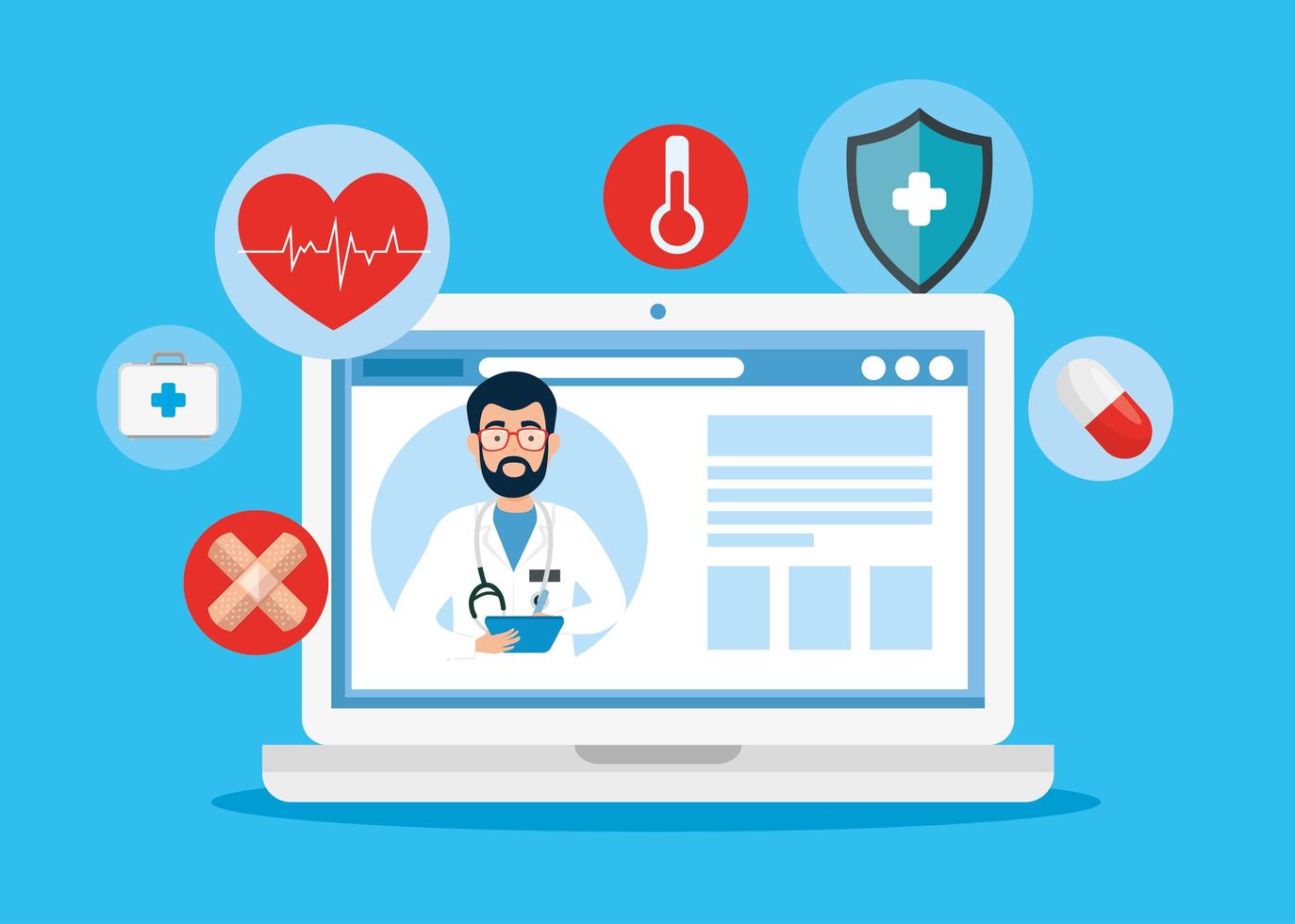 Medicina tecnología en línea con laptop e iconos. vector