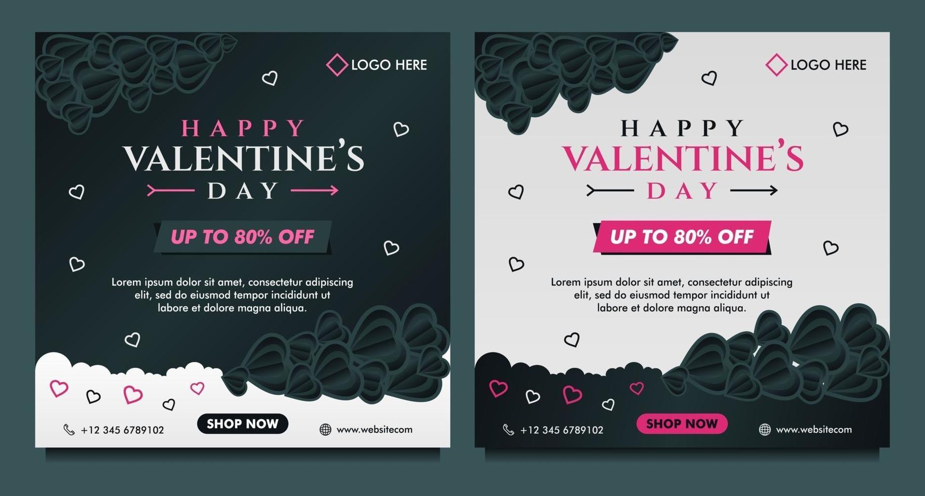 banner de venta de feliz día de san valentín, plantilla de publicación de redes sociales con fondo oscuro y gris vector