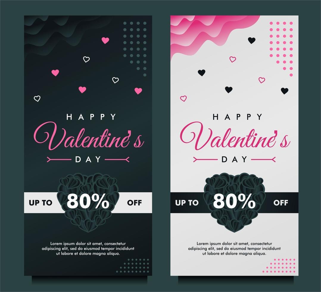 Plantilla de banner de venta de feliz día de san valentín con fondo oscuro y gris vector