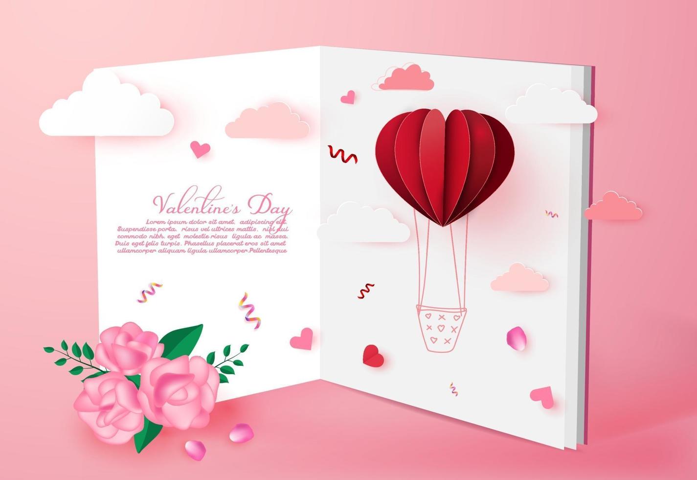 Valentine's Day Love invitation card background with origami heart shaped balloon on cloud.Paper art style. vector