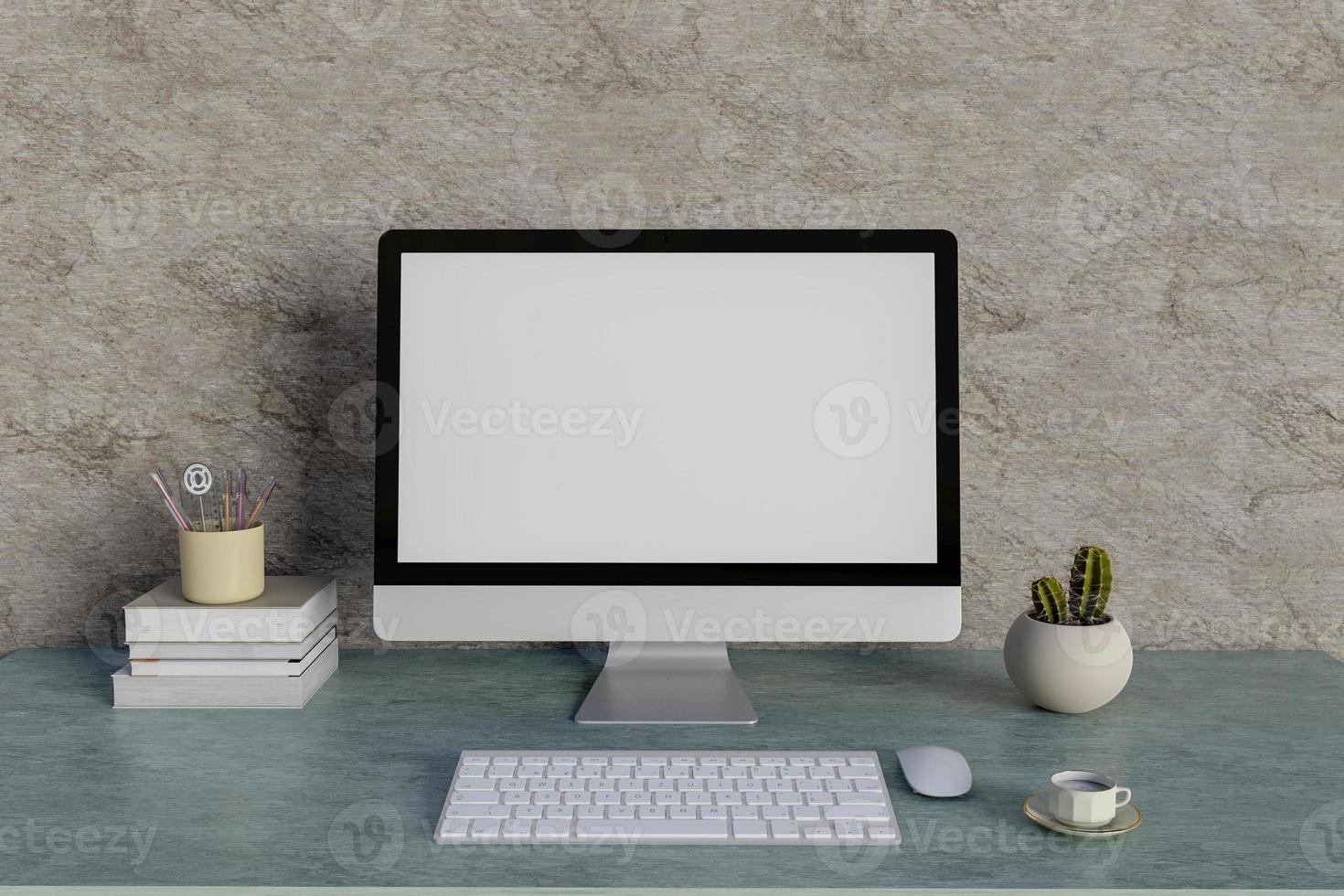 3D rendering of a mock up computer on table with coffee photo