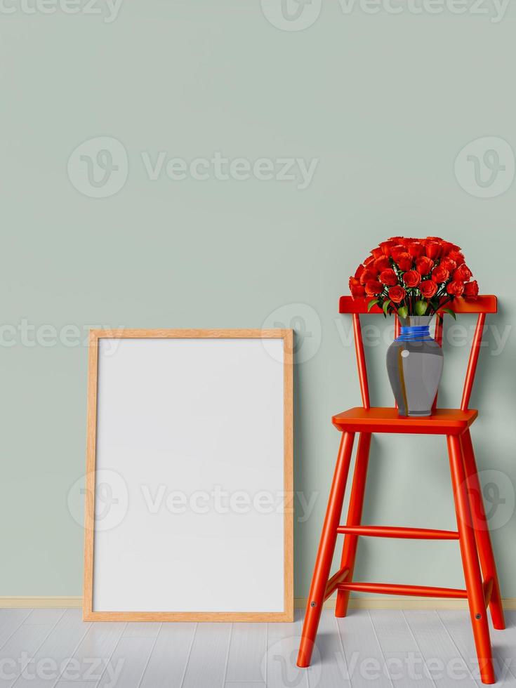 Mock up frame and red roses on red chair, 3D rendering photo