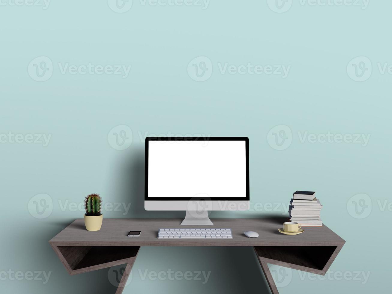 Mock up computer and workplace 3D rendering photo