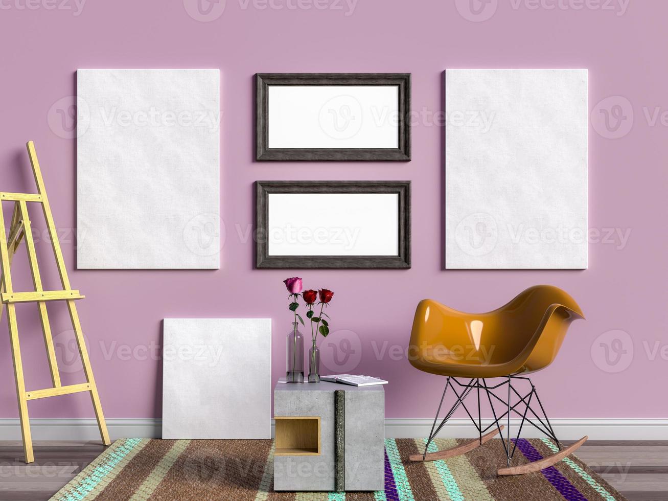 3D rendering of mock up posters and frames in a living room photo
