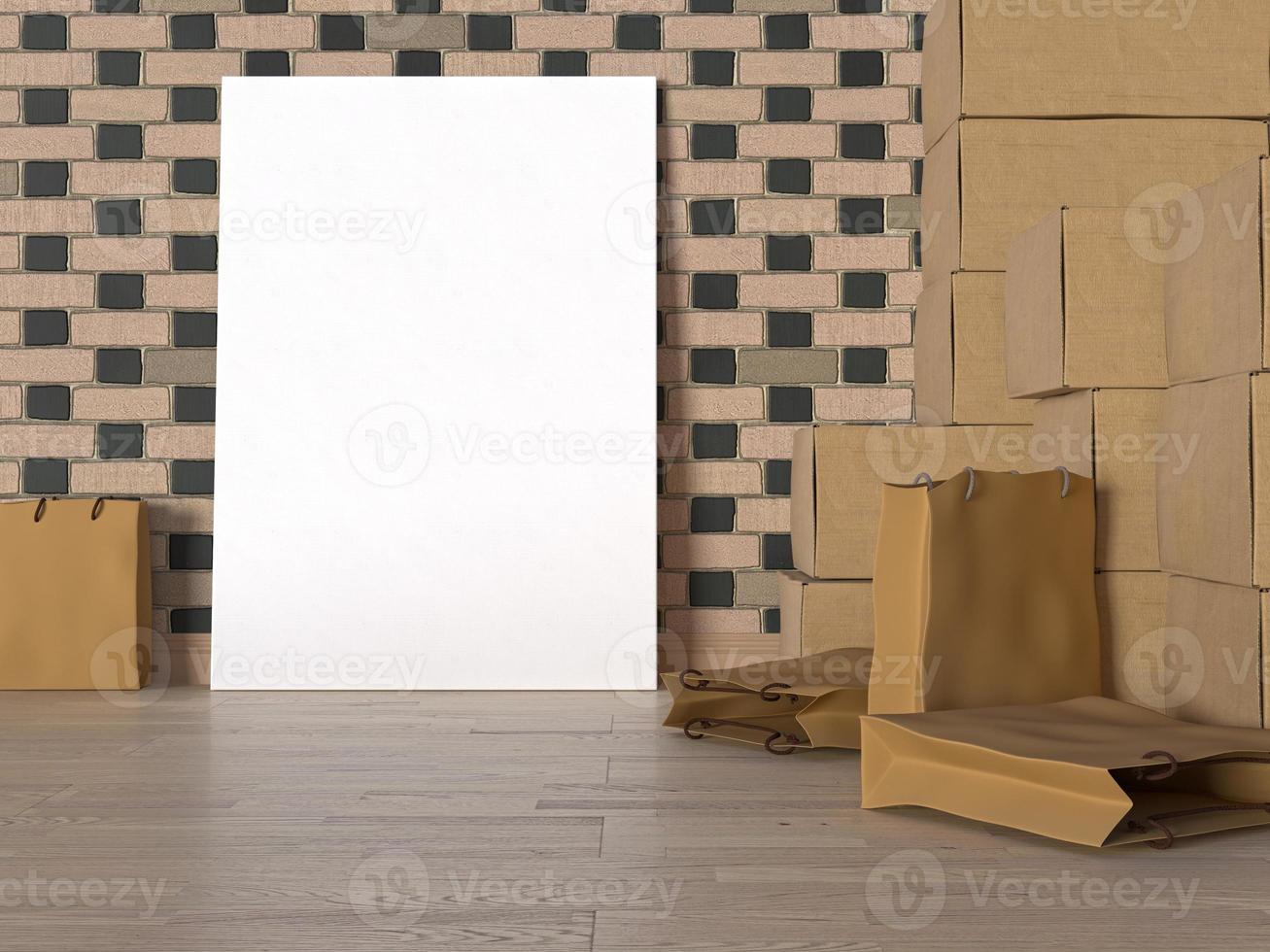 3D render of blank poster in storage room photo