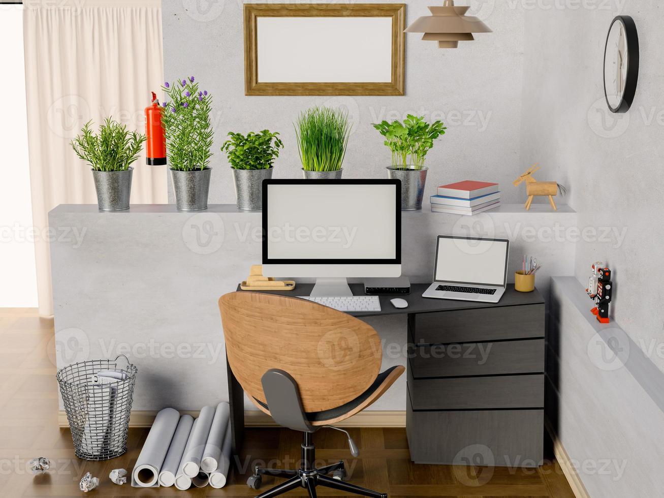 Representación 3D de oficina con pantallas y marcos en blanco foto