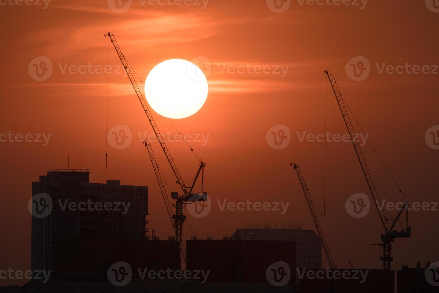 Cranes and buildings silhouetted at sunset photo