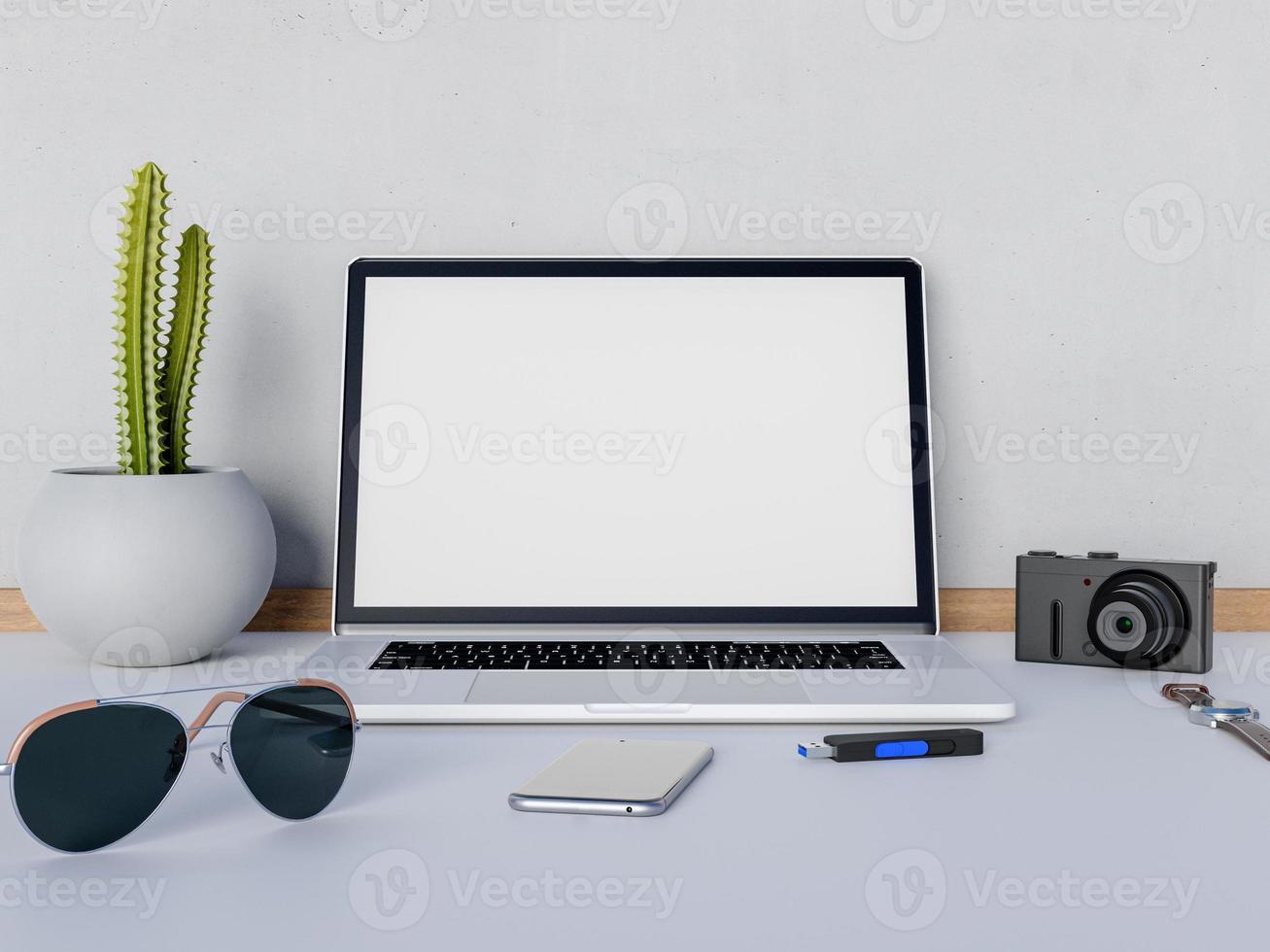 Mock up laptop on table top with camera photo