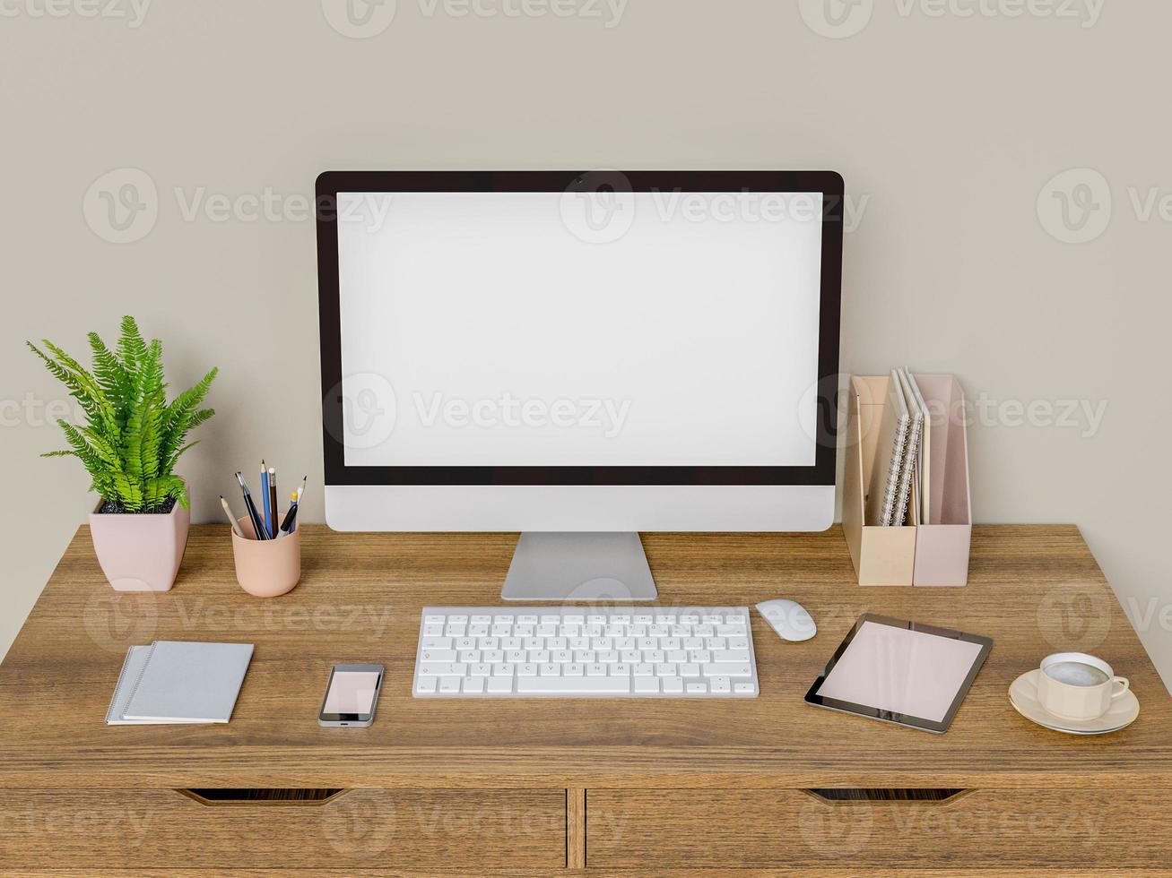 Mock up computer, tablet and smart phone on desk top photo